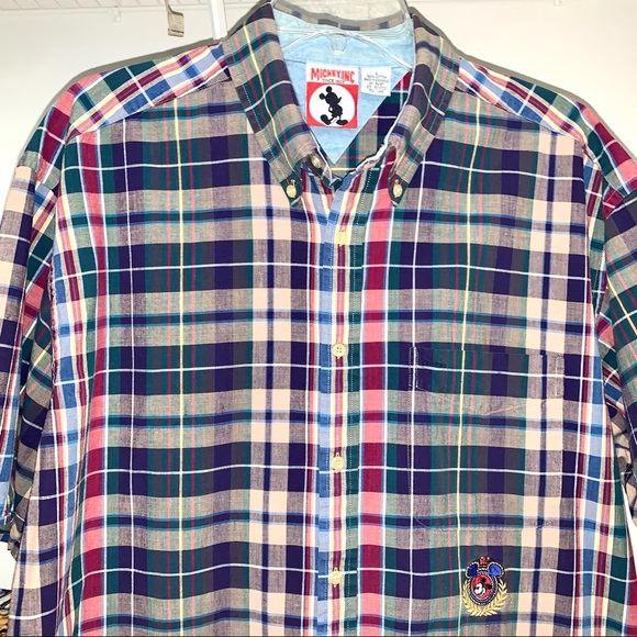 Vintage 90s Shirt Mens Mickey Disney Plaid Blue Red Madras Button Up L - Picture 2 of 6